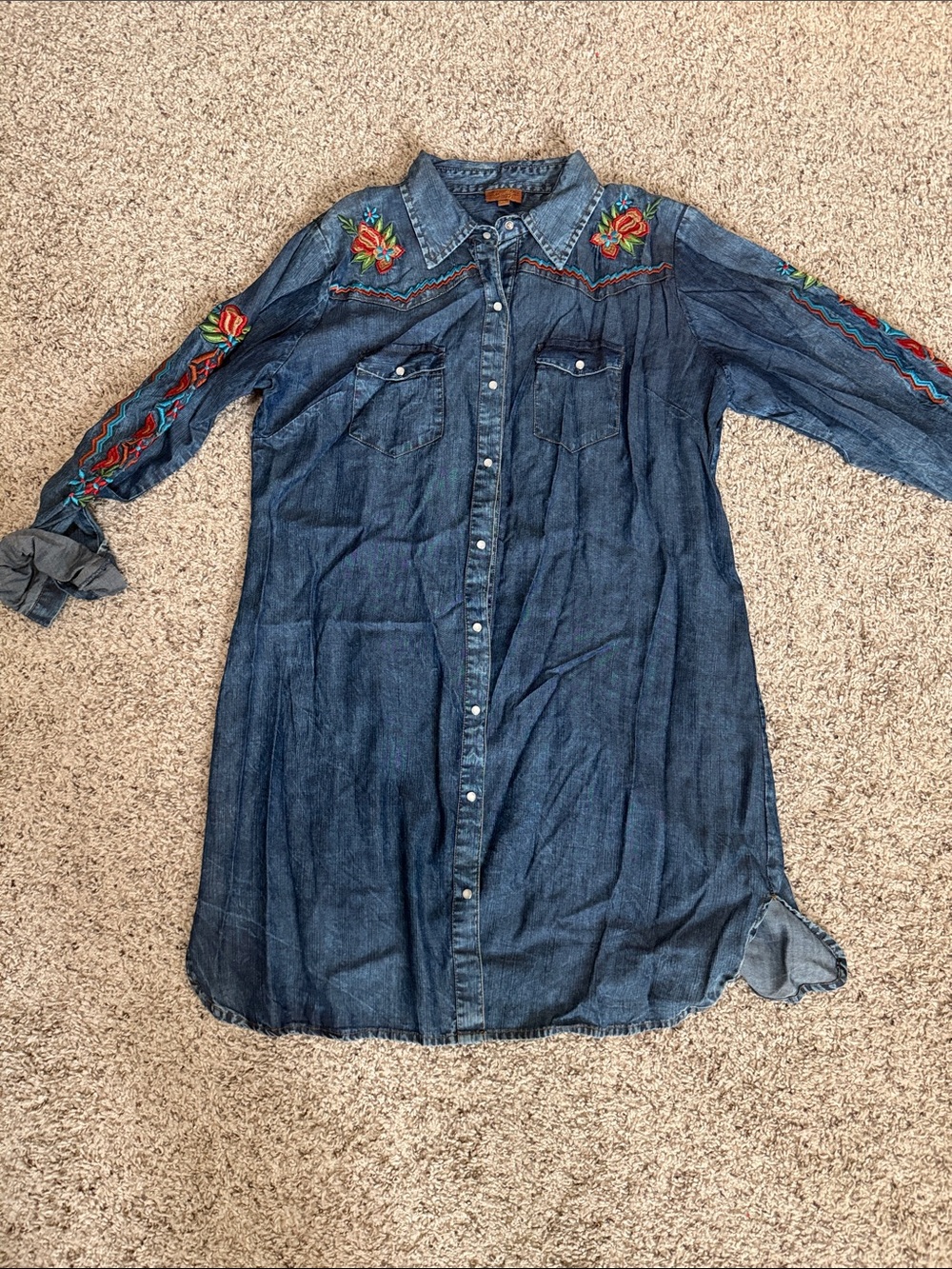 Scully Dark Blue Denim Midi Shirt Dress with Multicolor Floral Embroidery